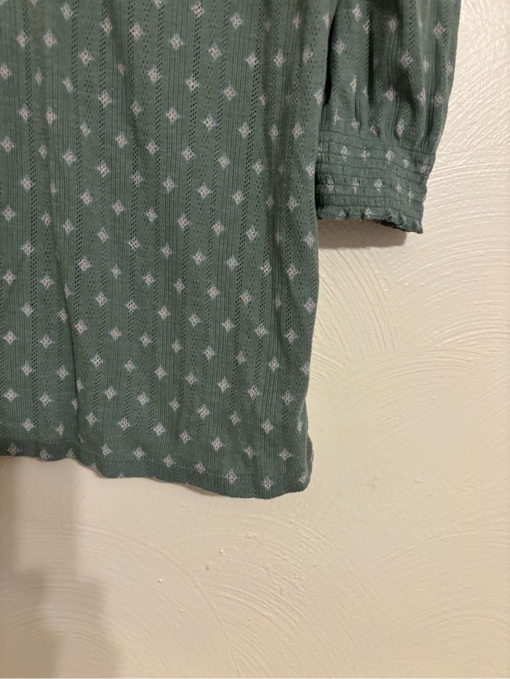 Lucky Brand Sage Green Pointelle Knit Peasant Top Large Boho 3/4 Puff Sleeve - Picture 7 of 8